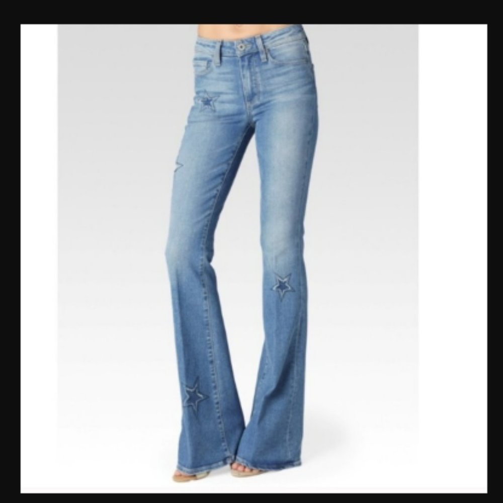 Paige HighRise Bell Canyon Athena Indigo Star Patch Jeans 28w +MEASUREMENT